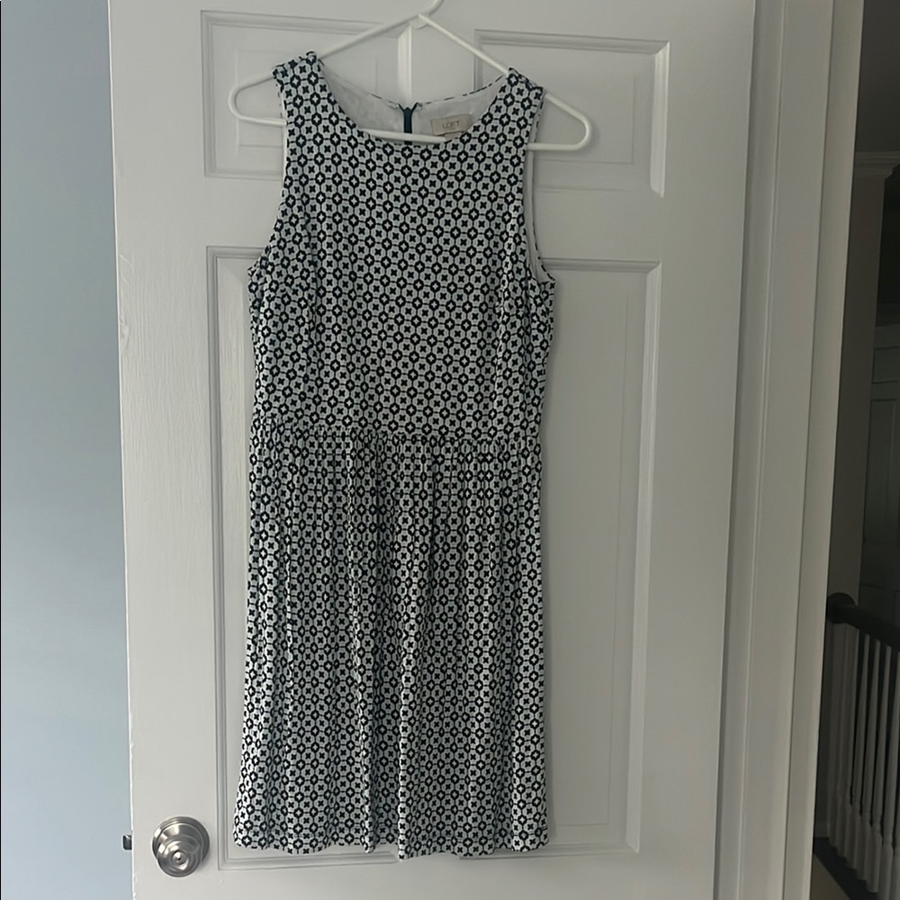 LOFT White and Blue Pleated Midi Sundress